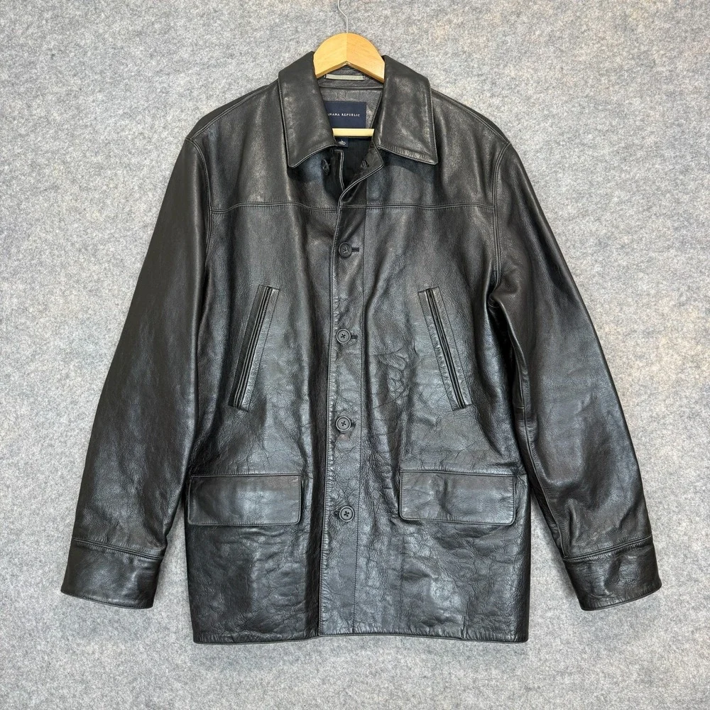 Banana Republic 100% Leather Blazer Jacket‎ Mens Large Chore Lined Black Limited